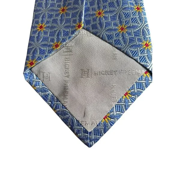 Hickey Freeman Blue Silk Tie With Geometric Yellow & Red Pattern Made In USA - Picture 6 of 7